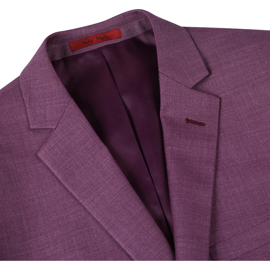 The men's two-button slim fit two-piece suit by Alberto Nardoni features a tailored design in a rich purple color. The blazer includes a notched lapel, a single breast pocket, and is partially lined with a darker hue. The fabric appearance suggests a textured finish.