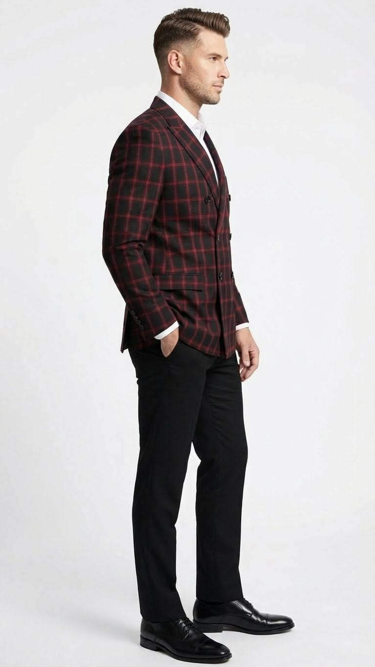 Men's black and red check double-breasted blazer featuring a structured fit, set in a plaid pattern. The fabric appears smooth and tailored, with two visible front pockets and notched lapels.