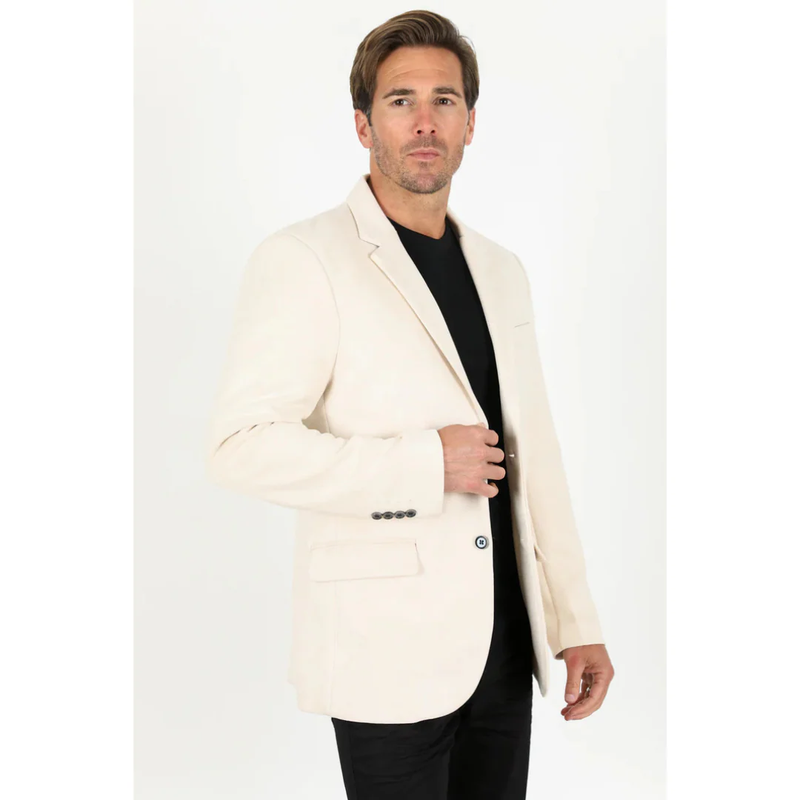 Mens Double Button Faux Suede Blazer - Off White