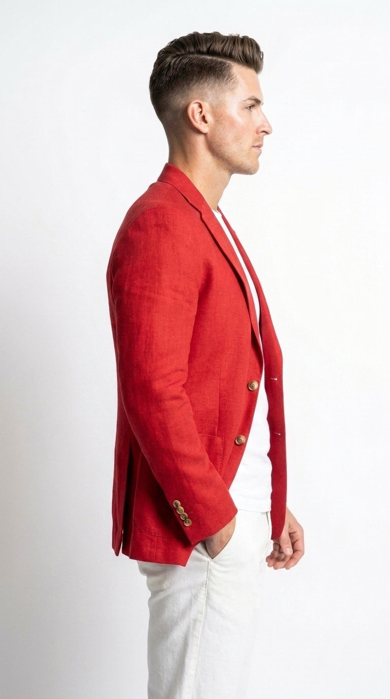 Men’s Red Linen Blazer – Two-Button Wedding, Business and Smart Casual Sport Coat