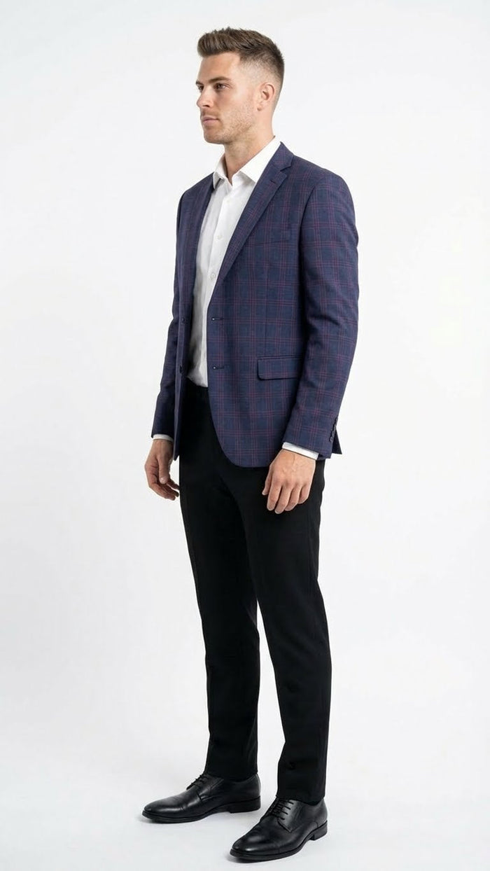 Navy big and tall blazer with burgundy plaid. Tailored fit, structured shoulders, single-breasted, and two front pockets.
