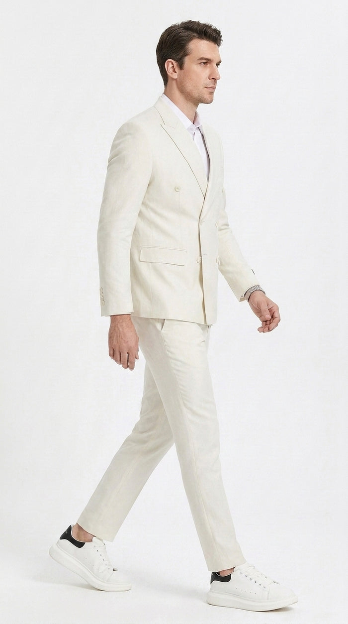 Men’s Ivory Cream Double-Breasted Linen Suit – Off-White Summer Wedding Slim Fitted 2-Piece Suit Cream Color