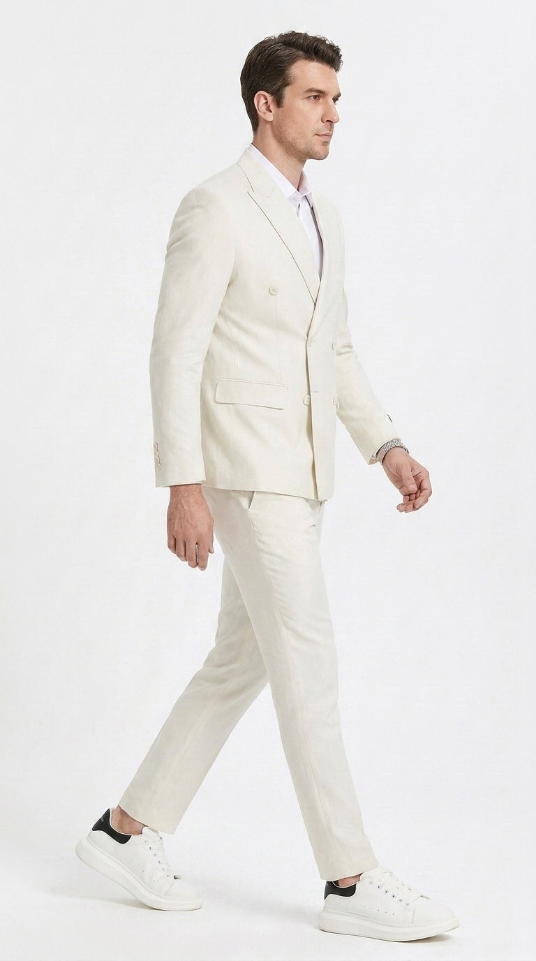Men’s Ivory Cream Double-Breasted Linen Suit – Off-White Summer Wedding Slim Fitted 2-Piece Suit Cream Color