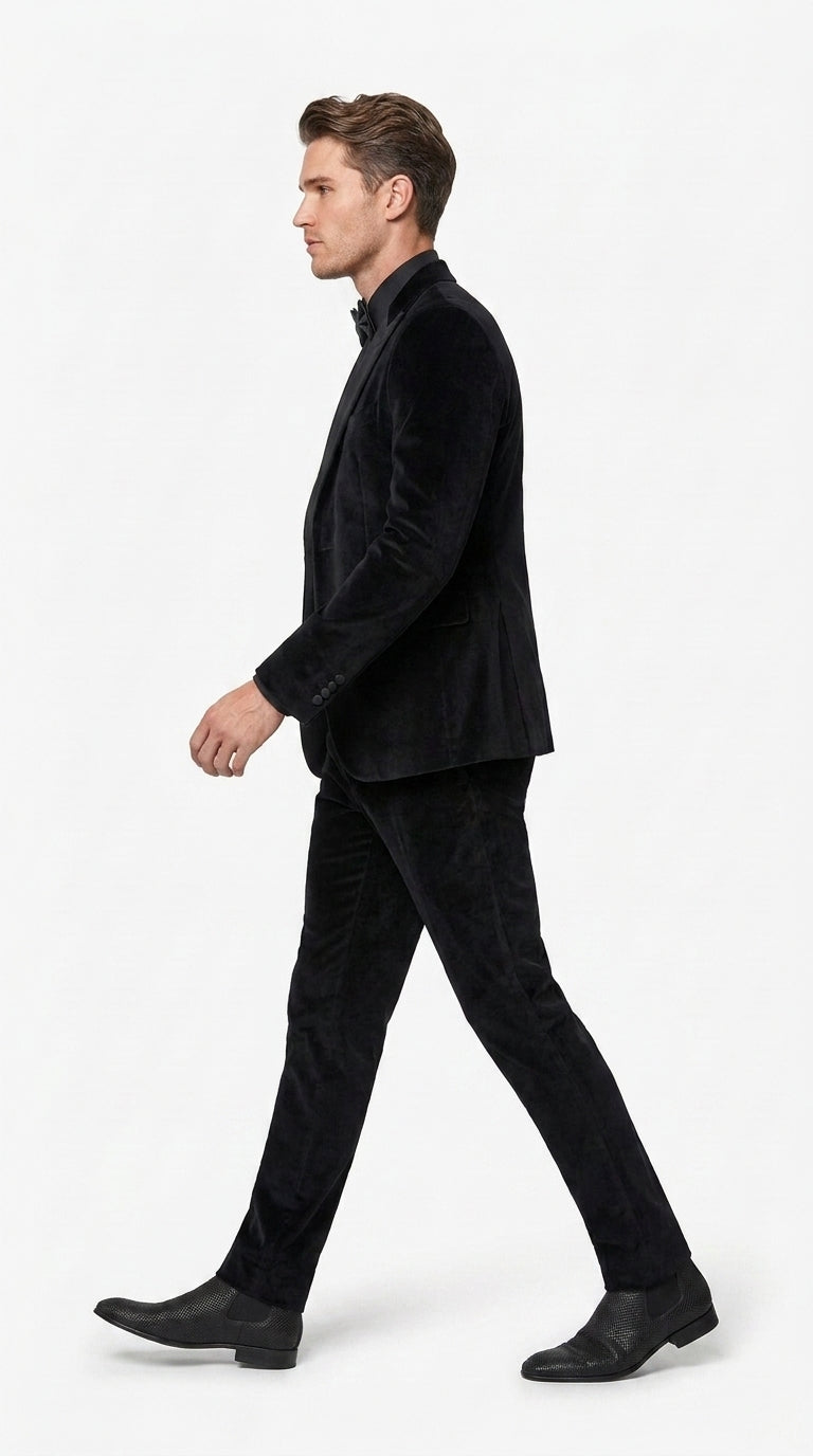 Men's Black Velvet Tuxedo Suit – Peak Lapel Wedding, Prom and Formal Evening Velvet Pants
