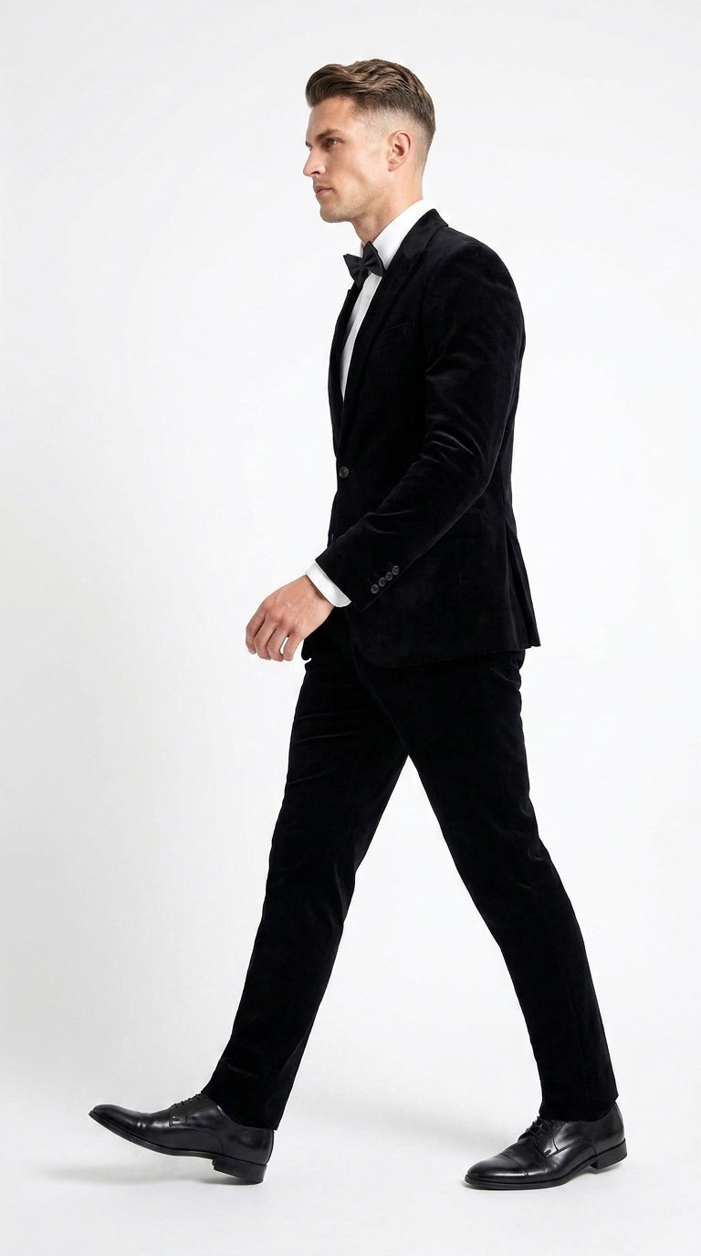 Men’s Black Velvet 2-Piece Suit – Notch Lapel Wedding, Prom and Formal Evening Suit
