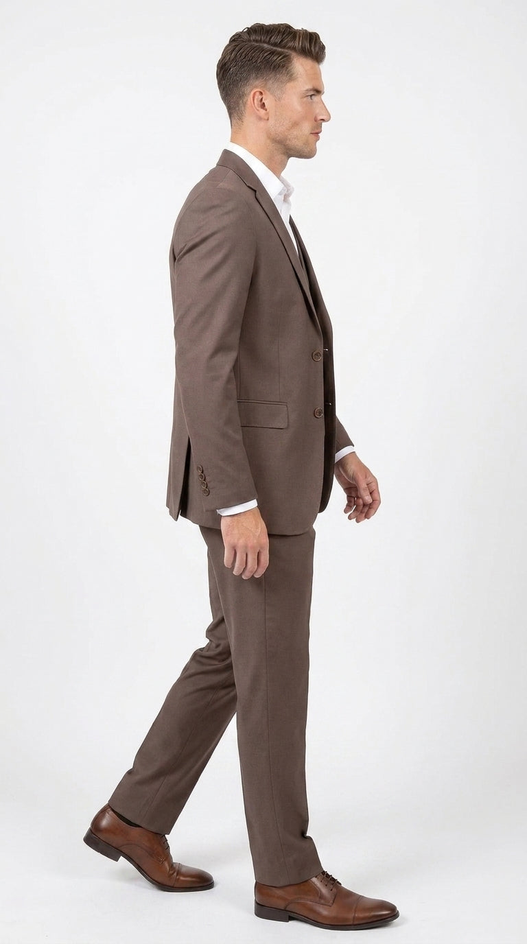 Men’s Zagarie Brand Light Brown Mocha 3-Piece Wool Suit – Modern Wedding, Business and Formal Suit with Pick Stitching
