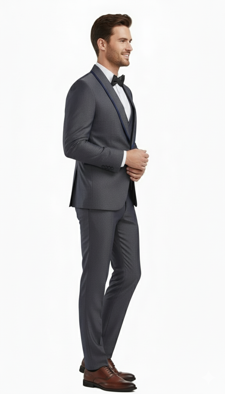 Men's charcoal gray slim-fit three-piece suit with blue trim. Modern design, clean lines, textured fabric, and structured silhouette. Includes jacket, waistcoat, and trousers.

