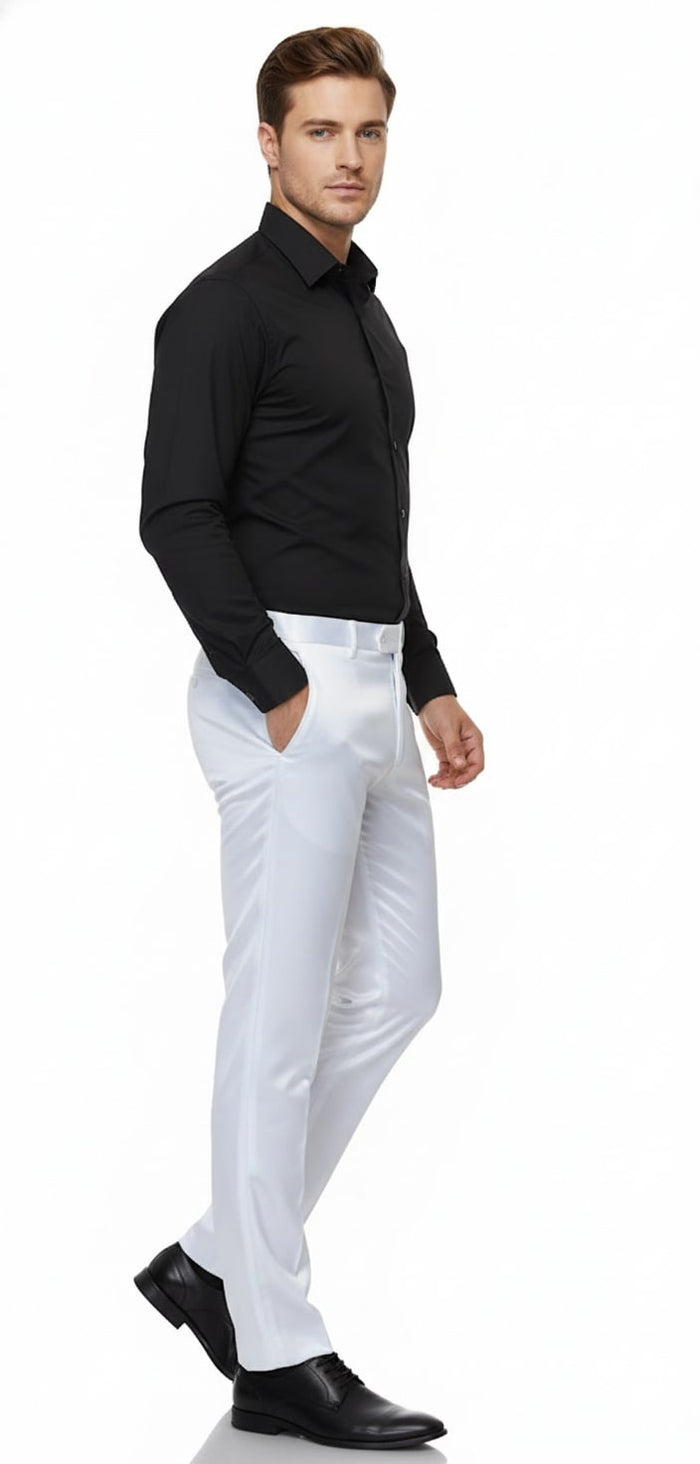 Alberto Nardoni men's white satin slim-fit dress pants. Tailored silhouette, straight leg, mid-rise. Smooth satin with a polished finish. Features belt loops and front pockets. Bright white color.
