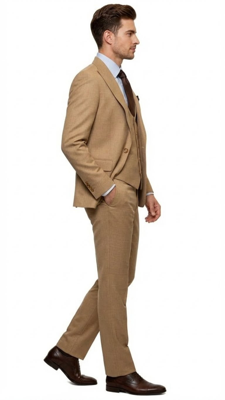 Tan three-piece men's suit with a modern, structured cut. Includes a fitted, single-breasted blazer with notch lapels, a matching vest, and straight-legged trousers. All in a cohesive tan textured fabric.
