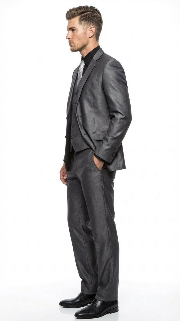 Alberto Nardoni charcoal gray suit. Single-breasted jacket with 3-button closure, notch lapels, and a subtle sheen. Includes straight-leg trousers & matching vest. Deep charcoal color. Fitted structure.