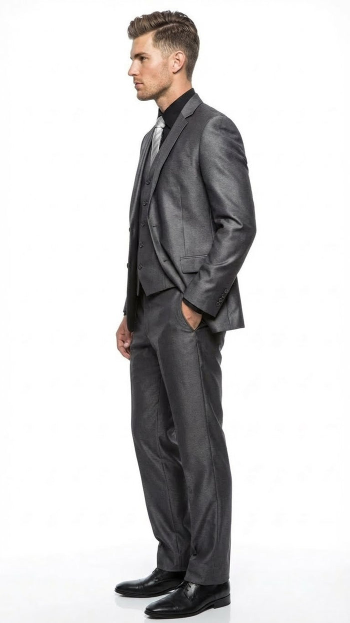 Alberto Nardoni charcoal gray suit. Single-breasted jacket with 3-button closure, notch lapels, and a subtle sheen. Includes straight-leg trousers & matching vest. Deep charcoal color. Fitted structure.