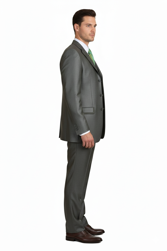 Men's olive green three-piece suit. Classic fit with vest & tie. Pleated pants, three-button jacket closure.
