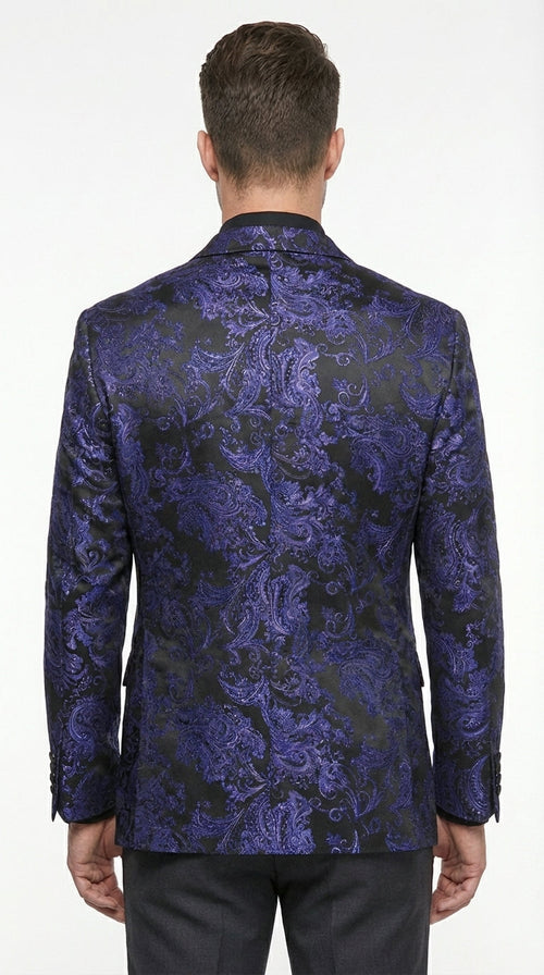 Mens Royal Blue Paisley Jacquard Blazer – Luxury Pattern Tuxedo Dinner Jacket with Black Satin Lapel for Wedding, Prom With Bowtie