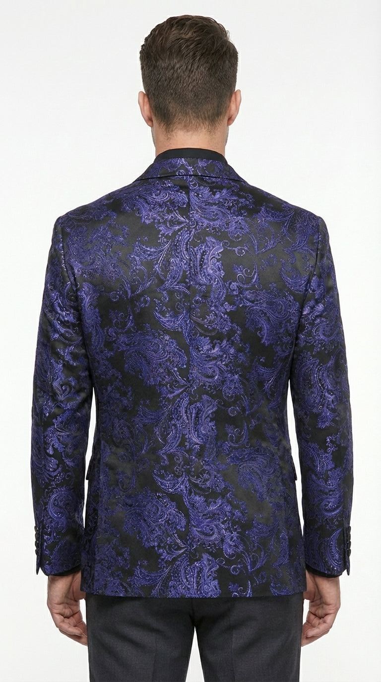 Mens Royal Blue Paisley Jacquard Blazer – Luxury Pattern Tuxedo Dinner Jacket with Black Satin Lapel for Wedding, Prom With Bowtie