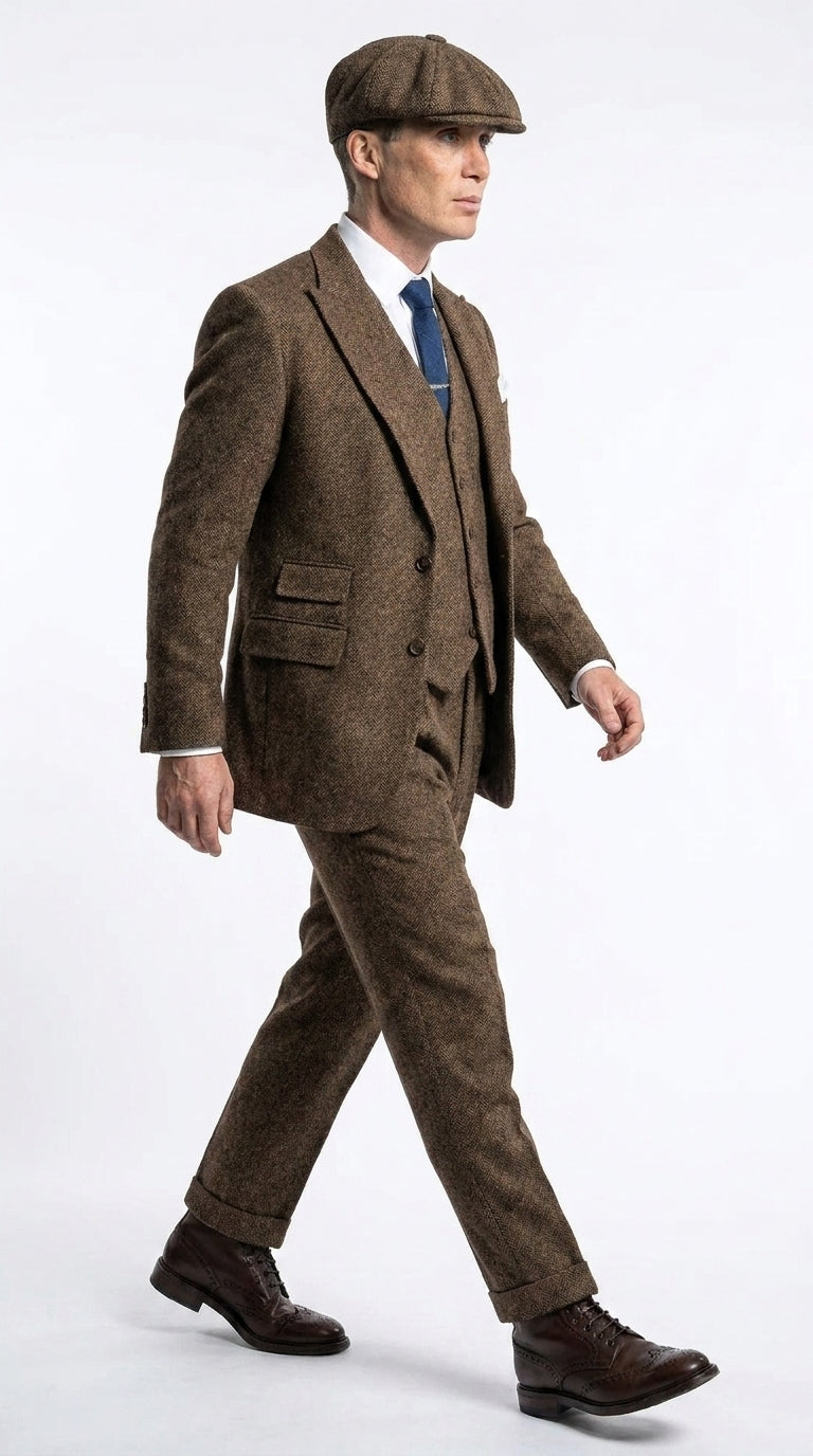 Men’s Thomas Shelby Inspired Brown Herringbone Tweed 3 Piece Suit – Peaky Blinders 1920s Vintage Suit