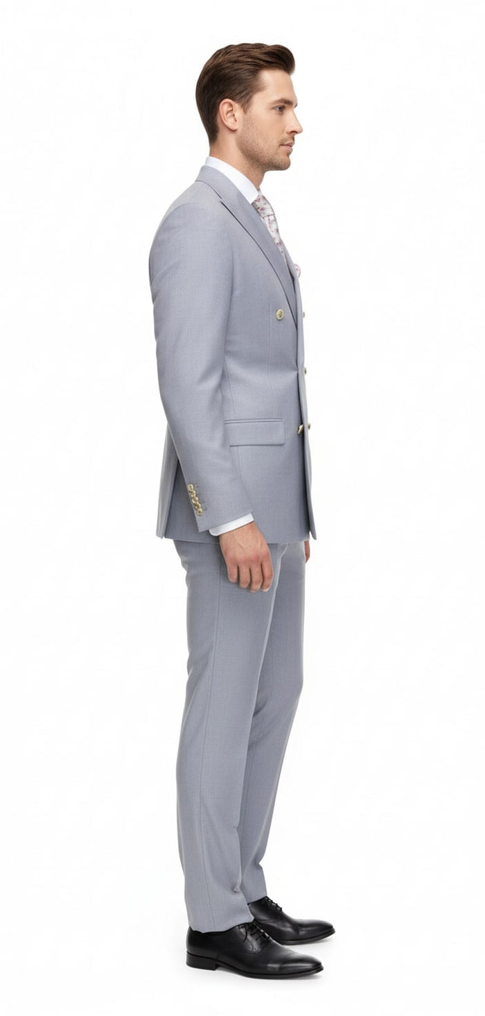 Men's silver-grey, double-breasted 3-piece suit. Tailored silhouette, vertically ribbed texture. Blazer with two rows of buttons, matching trousers. Lightweight, smooth fabric.