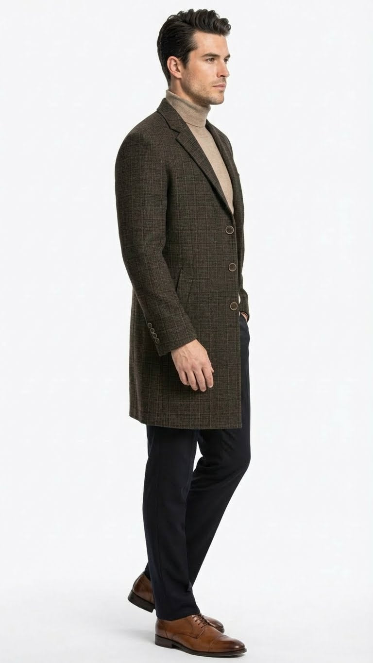 Men's brown checkered wool overcoat. Tailored fit, straight silhouette, notched collar, three buttons. Textured, subtle check pattern in darker browns. Mid-thigh length, long sleeves, buttoned cuffs.
