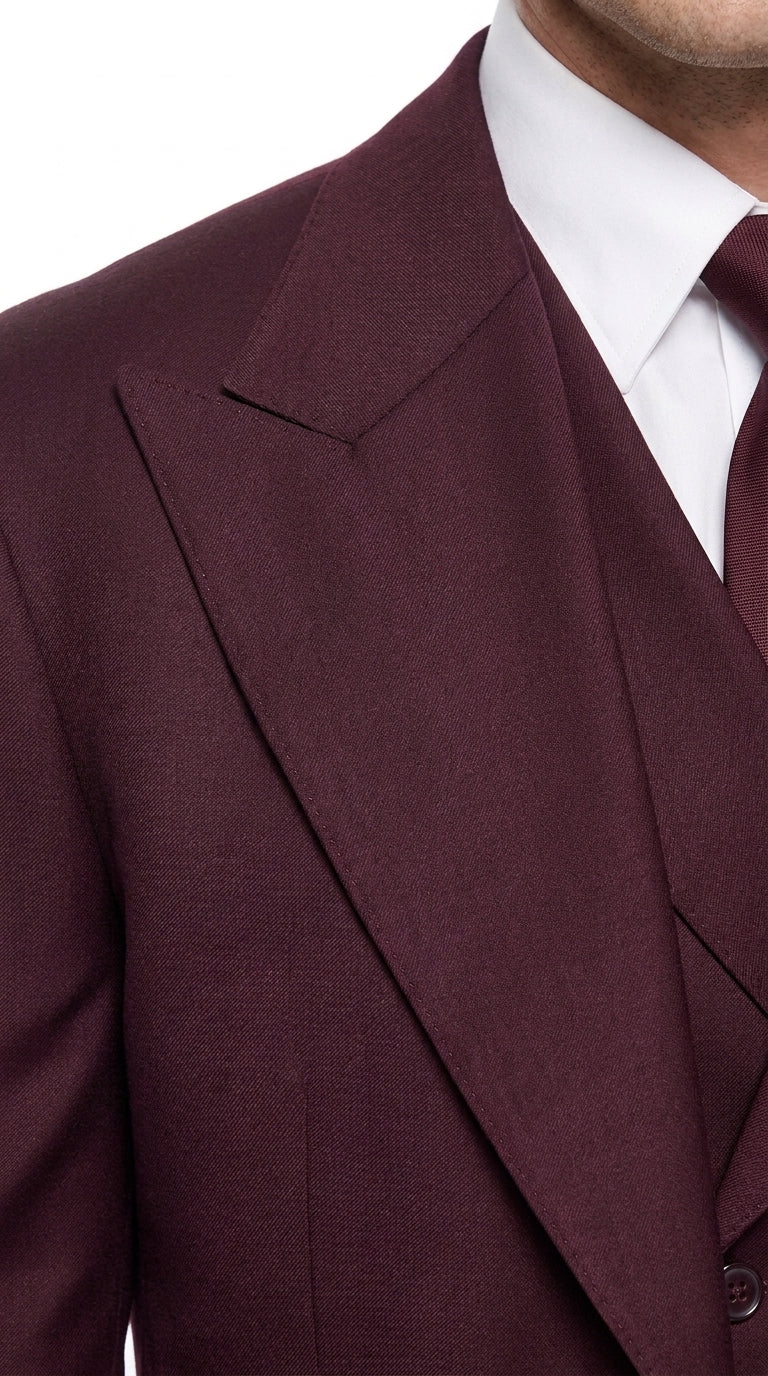 Tiglio Rosso Men’s Burgundy Wool Suit – Classic Fit Big Lapel Suit with Wide Leg Pleated Pants & Side Vents