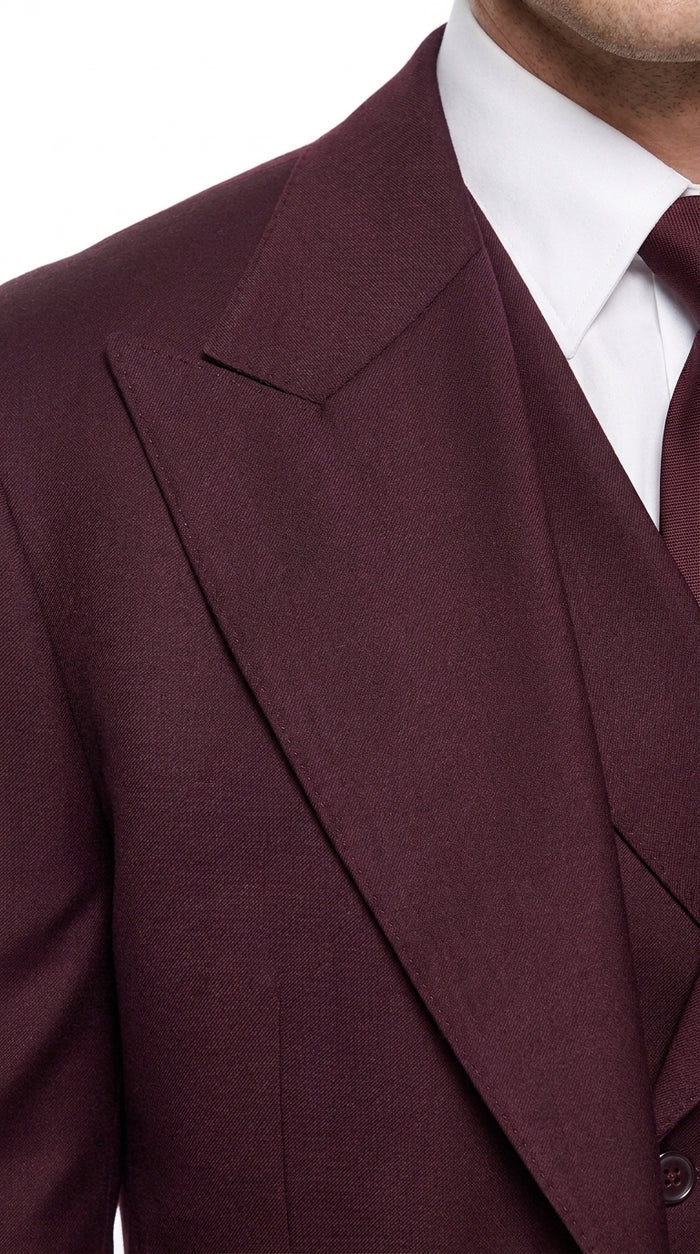 Tiglio Rosso Men’s Burgundy Wool Suit – Classic Fit Big Lapel Suit with Wide Leg Pleated Pants & Side Vents