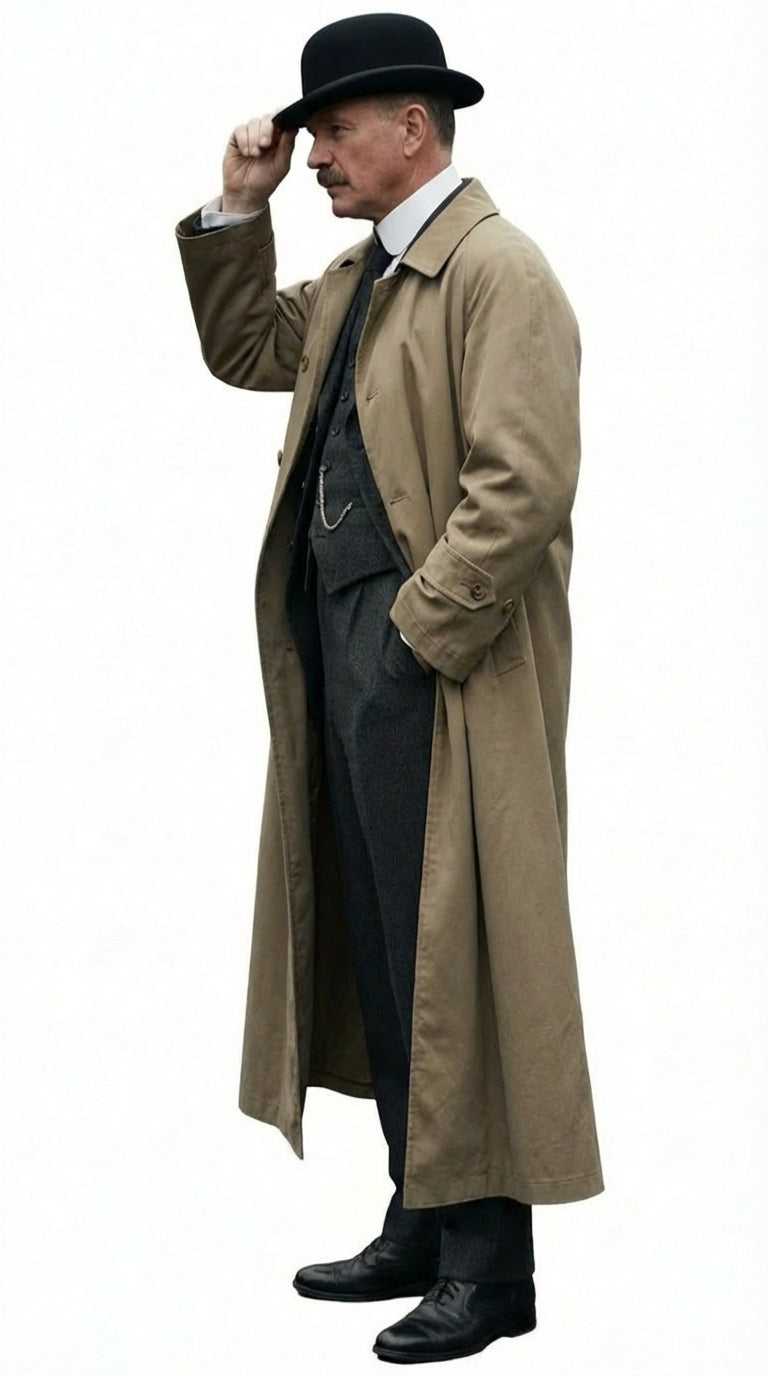 Men’s Beige Cotton Trench Coat Suit Package – Classic Long Overcoat for Formal + Suit + Hat