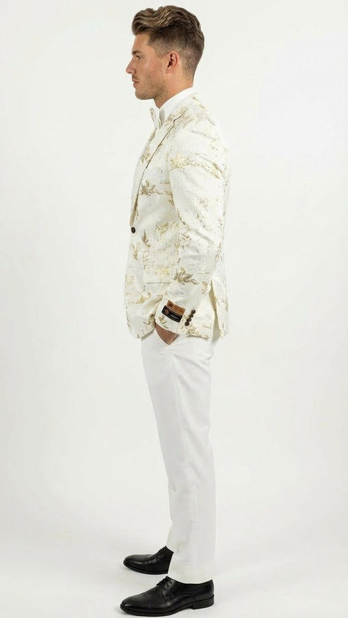 Men's white & gold blazer with gold leaf pattern. Single-breasted, structured fit, notched lapel, two buttons. Contrasting cuffs add detail.
