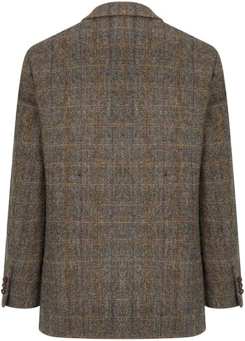 Brown Harris Tweed blazer by Walker & Hawkes. Traditional cut, single-breasted, herringbone pattern with subtle blue/orange check. Notched lapel, 3-button cuff. Flat back.