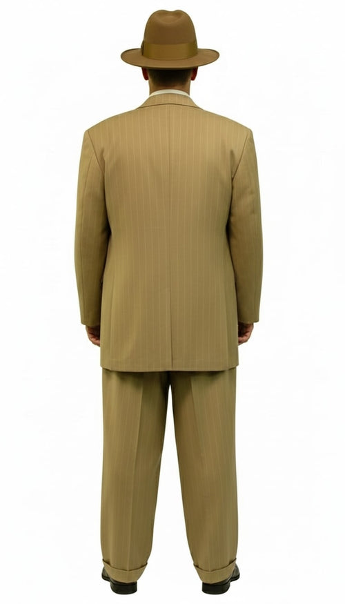 Men's tan pinstripe zoot suit: three-piece set (blazer, wide-leg pants, hat). Smooth, light tan fabric with subtle stripes. Blazer: structured, wide lapels. Pants: loose fit. Classic 1920s gangster style.