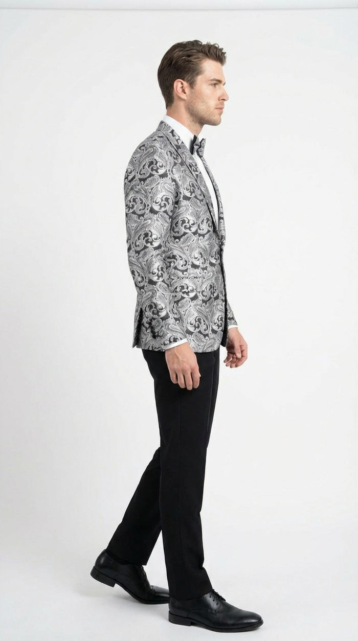 Mens Silver and Black Paisley Prom Blazer Jacket | Printed Formal Evening Tuxedo Blazer + Free Matching Bow Tie