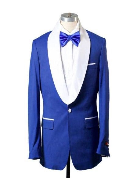 1 BUTTON SHAWL LAPEL TUXEDO WITH VEST - ROYAL & WHITE - AlbertoNardoniStore