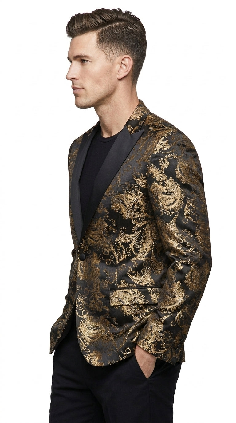 Men’s Black & Gold Paisley Tuxedo Jacket – Luxury Floral Formal Dinner Blazer Black Pants
