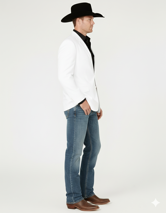 Men's white Western blazer with tailored fit. Features sharp lapel, single-button closure, and front pockets. Smooth, lightweight material. Long, fitted sleeves for a formal, cowboy-inspired look.
