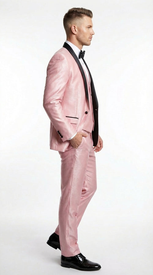 Men’s Blush Pink Shiny 3 Piece Suit with Black Shawl Lapel | Light Pink Prom Suit Sharkskin Fabric - Ultra Slim Fit
