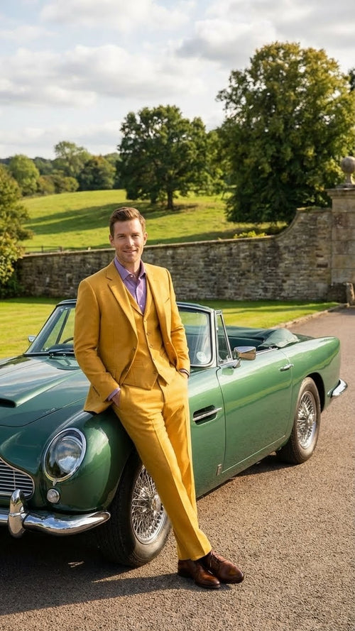 Mustard yellow three-piece suit: two-button blazer with notch lapel, modern fit, tailored pants. Solid fabric. Includes a lighter shirt.
