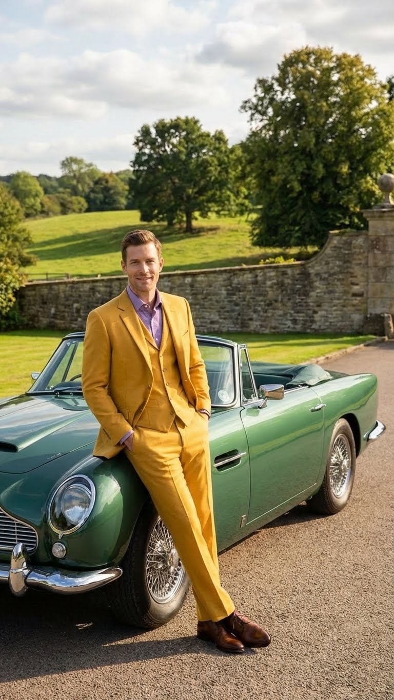 Mustard yellow three-piece suit: two-button blazer with notch lapel, modern fit, tailored pants. Solid fabric. Includes a lighter shirt.
