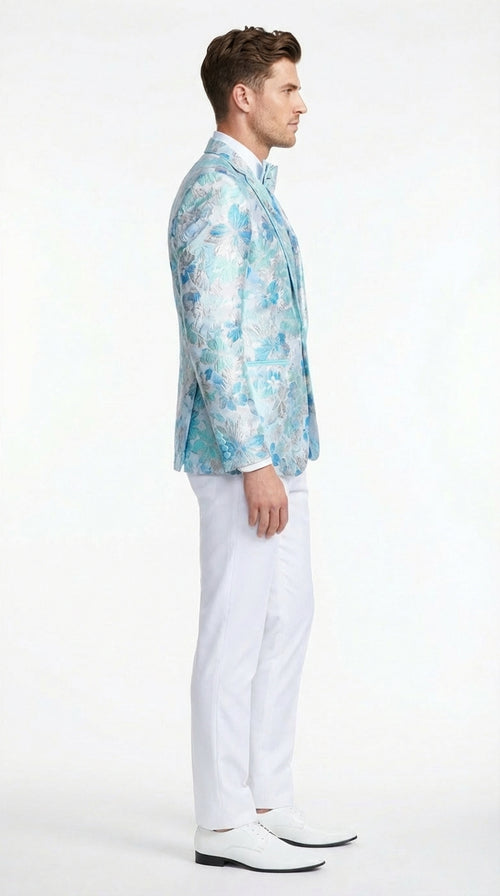 Men’s Light Blue Floral Jacquard Tuxedo Jacket with Matching Bow Tie | Formal Prom Wedding Blazer + Bowtie Turqoise Aqua Color