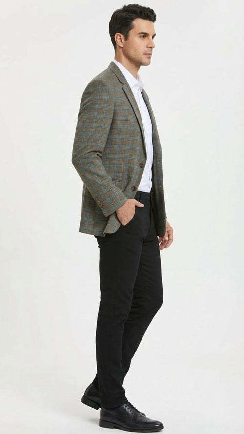Alberto Nardoni men's sport coat: green, brown & teal plaid. Tailored single-breasted, notched lapels, slight waist taper. Plaid pattern with teal accents. Two front buttons, open stance.
