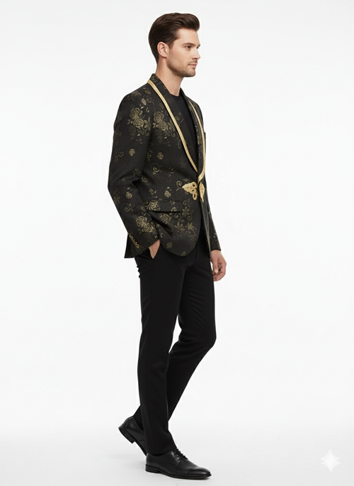 Luxury black men's blazer with gold floral embroidery. Fitted shape, shawl collar, and gold trim. Intricate floral designs create a formal look when paired with black pants.
