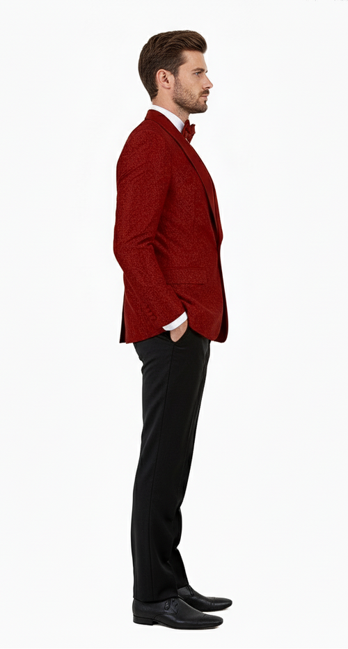 Burgundy paisley tuxedo jacket by Alberto Nardoni features a structured fit, with a shawl collar, two front pockets, and a single-button closure, crafted from textured fabric.