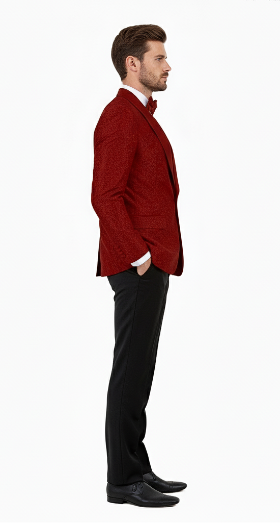 Burgundy paisley tuxedo jacket by Alberto Nardoni features a structured fit, with a shawl collar, two front pockets, and a single-button closure, crafted from textured fabric.
