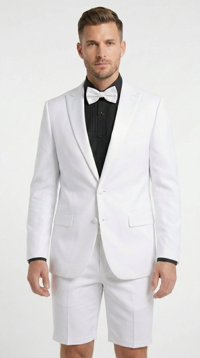 Men’s White Tuxedo Suit with Shorts – Modern Formal Blazer and Short Pants Set for Wedding, Prom Summer Fabric