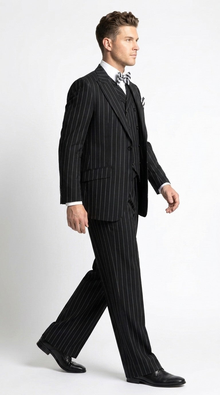 Men’s Black Pinstripe 3-Piece Suit Wool Suit  – Classic Fit Single Button Suit with Wide Leg Pleated Pants By Tiglio Russo