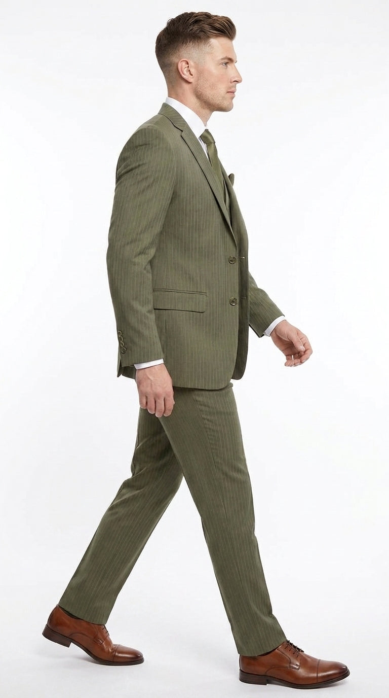 Men’s Olive Green Tone-on-Tone Shadow Pinstripe  3 Piece Suit – Modern Formal Suit with Vest Shadow Stripe