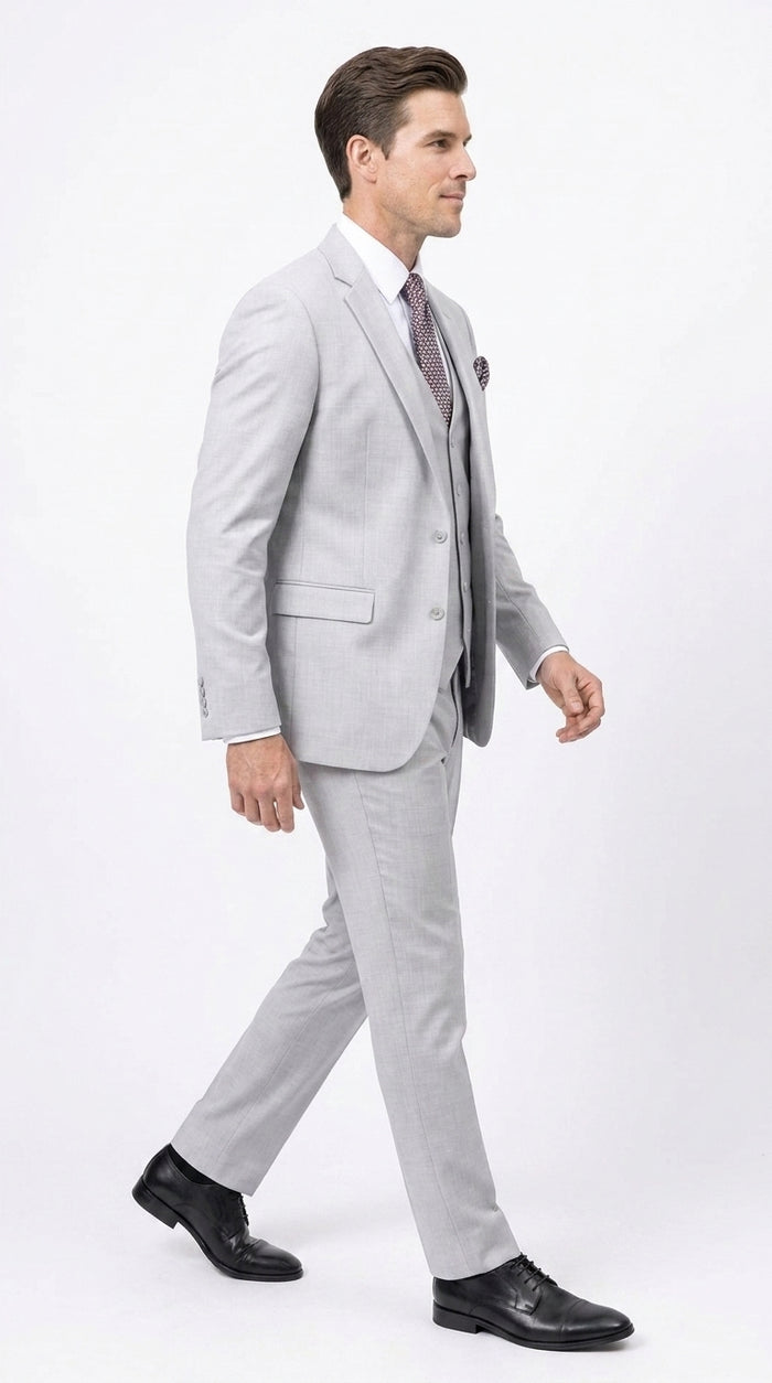 Men’s Light Grey Sharkskin 3 Piece Business Suit – Slim Fit Two Button Vested Wedding & Silver Suit