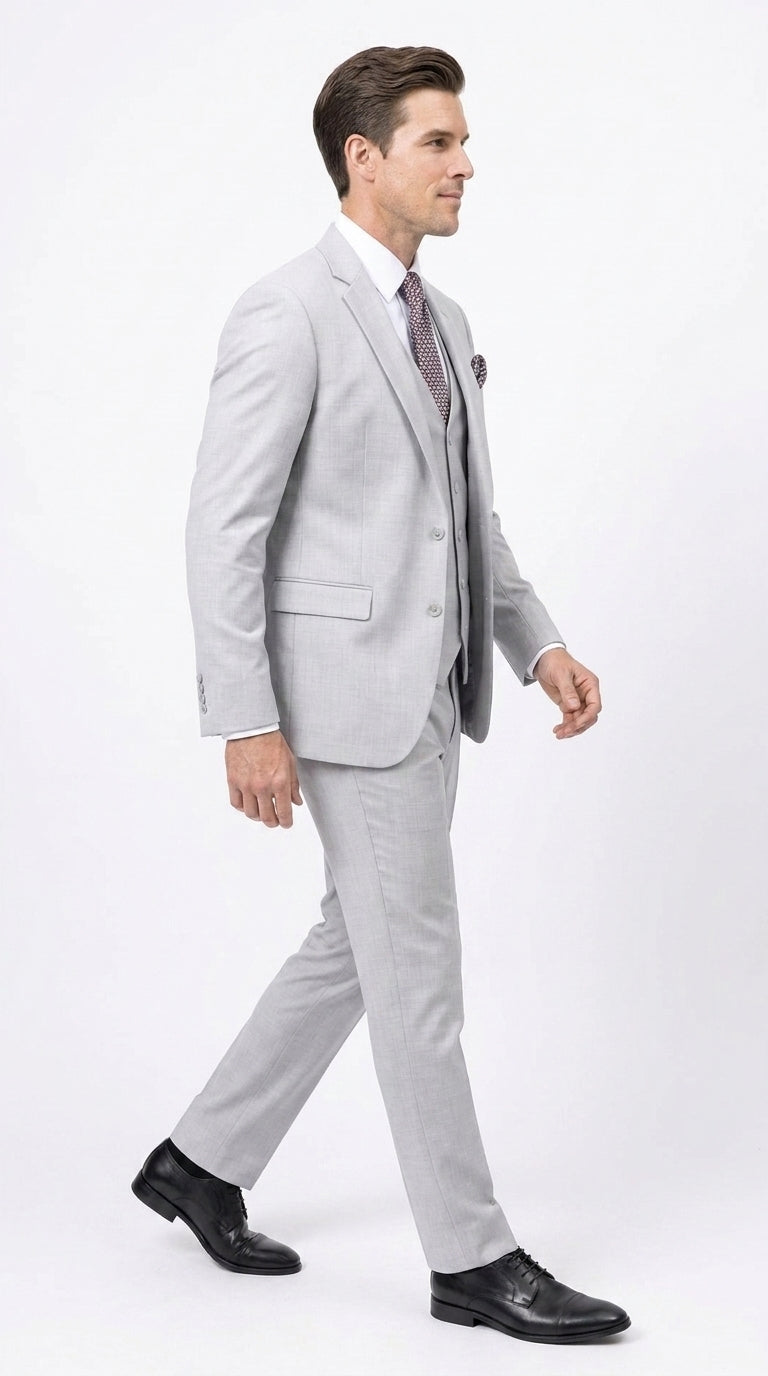Men’s Light Grey Sharkskin 3 Piece Business Suit – Slim Fit Two Button Vested Wedding & Silver Suit