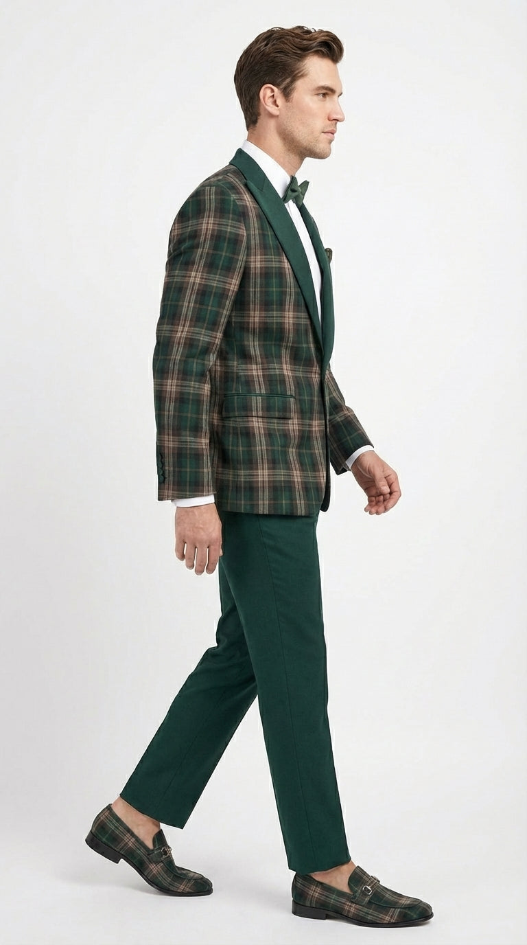 Mens Tartan Green and Brown Blue Plaid Tuxedo Dinner Jacket Set – Checkered Prom Blazer with Dark Green Pants Formal Wedding Party Wear