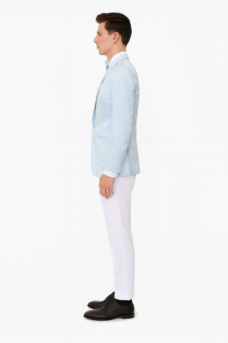 Men's light blue paisley tuxedo jacket with matching bow tie. Fitted shape, intricate paisley pattern, structured collar/lapels. Smooth, slightly shiny material, front button closure.
