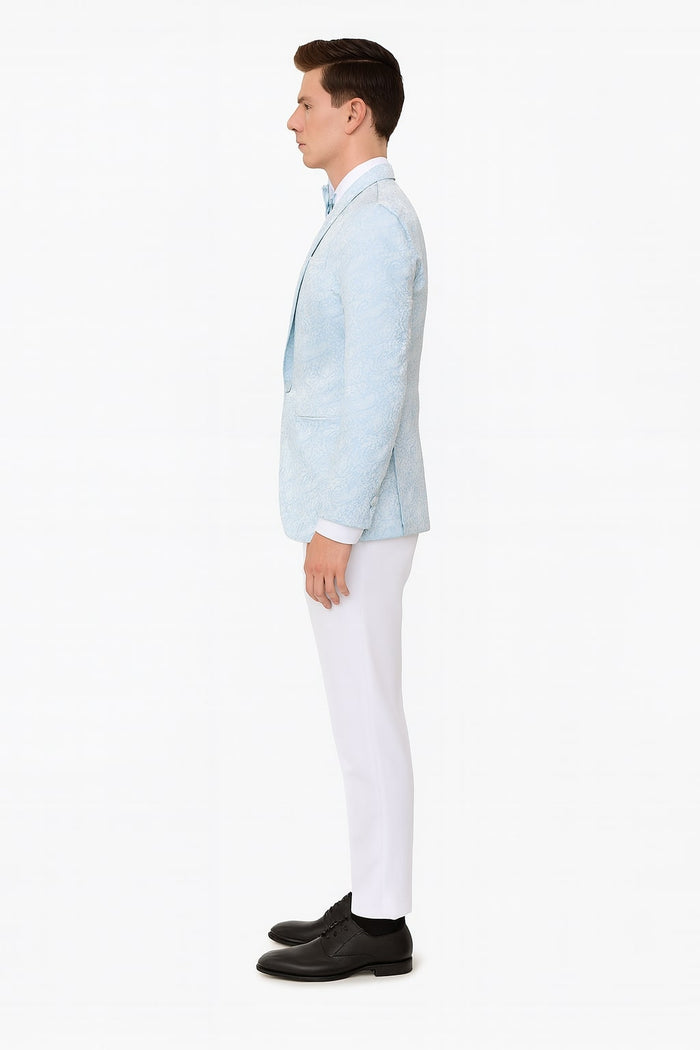 Men's light blue paisley tuxedo jacket with matching bow tie. Fitted shape, intricate paisley pattern, structured collar/lapels. Smooth, slightly shiny material, front button closure.
