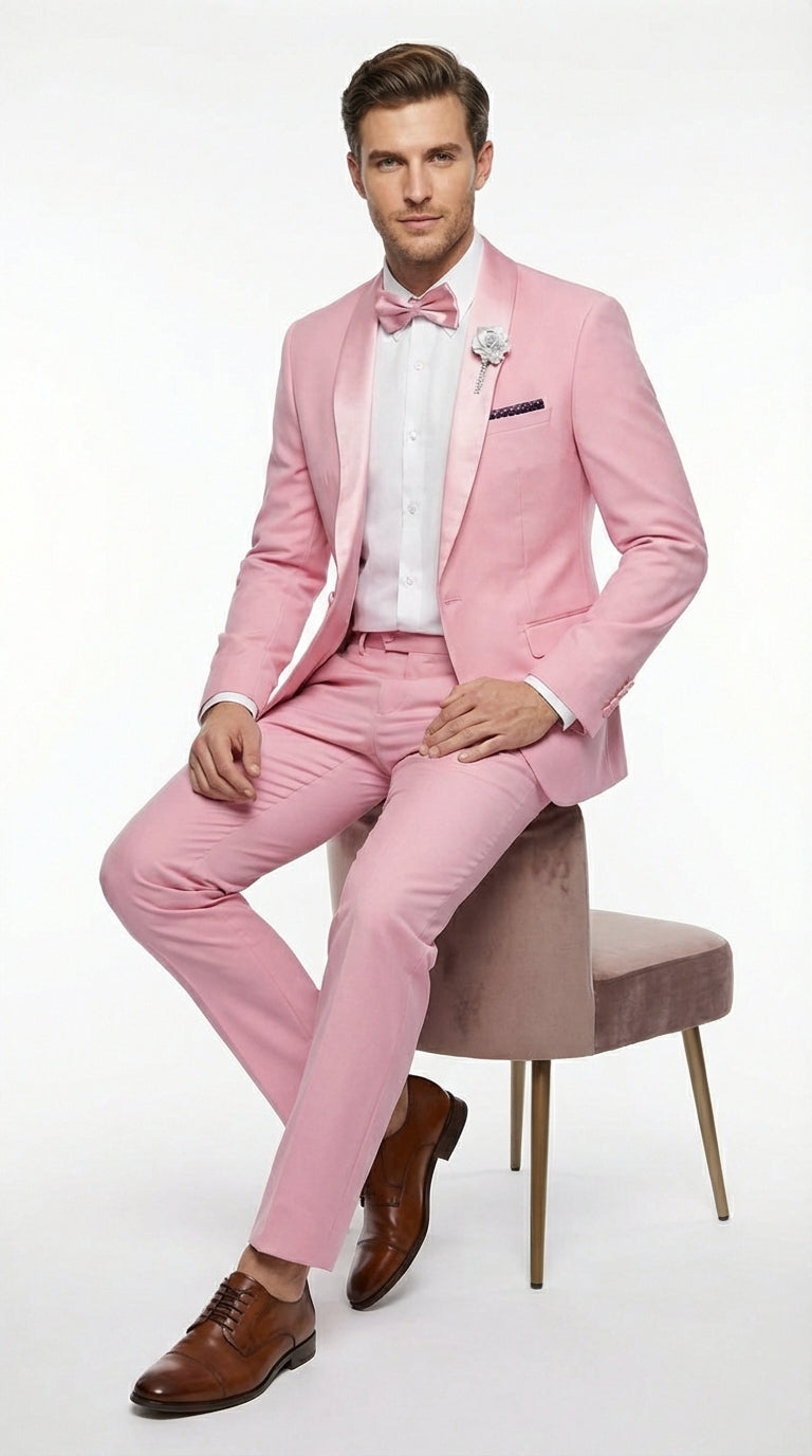 Mens Dusty Rose Pink Summer Tuxedo – Satin Shawl Lapel Formal Wedding Prom Suit