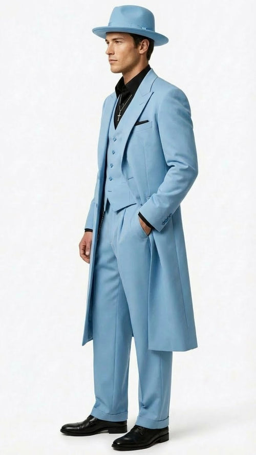 Alberto Nardoni men's light blue zoot suit: long jacket, trousers, wide-brimmed hat. Smooth fabric, peak-lapel vest, black shirt, shiny shoes. Uniform light blue color.
