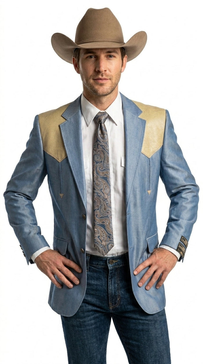 Men’s Steel - Light Blue and Bone Color Western Cowboy Blazer – Shiny Country Style Dress Jacket for Rodeo Saco De Hombre Vaquero